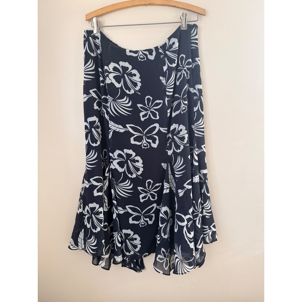 Chaps Black White Floral Print‎ Midi Skirt Women Size 12 Flounce Hem Resort Boho
